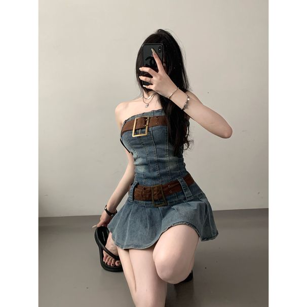 retro Strapless Denim With Belt For Women, European And American Y2K Hot Girl Style, Waist-cinching, Slimming, Sexy_mkmklike.com