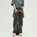 Men's Clothing Five Pointed Star Design Jeans For Men, American Retro Big Pockets, Raw Edges, Distressed Washed High Street Workwear Wide Leg Trousers_mkmklike.com