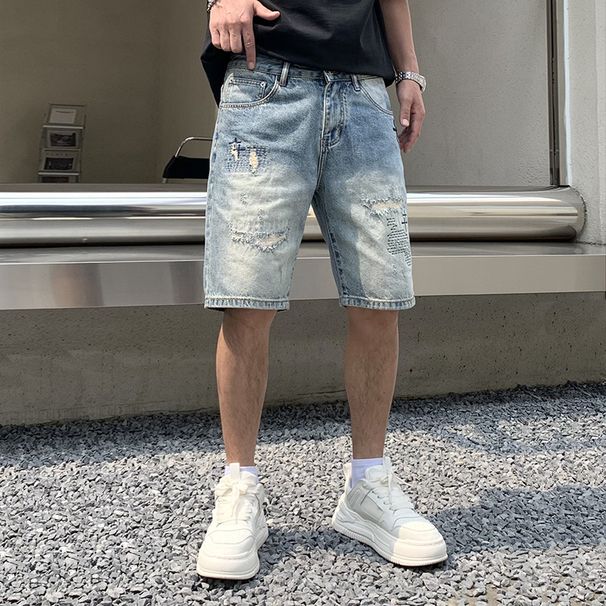 Men's Clothing Summer Denim Shorts Men's Trendy Brand Handsome Ripped Patch Shorts Embroidered New Pants Men's Straight Pants_mkmklike.com