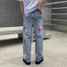 Classic Blue Straight-Leg Jeans For Men – Pink Cross Embroidery & Distressed Details – Vintage Style Denim Pants_mkmklike.com
