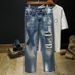 Men's Ripped Jeans With Patches Loose Straight Leg Wide Leg Flowy Trendy Casual Pants Autumn 2022_mkmklike.com