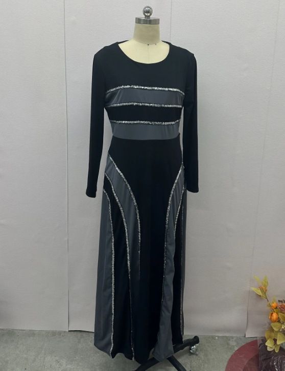 Women's Clothing fashion contrast color stitching high end round neck long sleeved dress for women_mkmklike.com