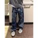 Streetwear Letter Print Jeans – Oversized Straight-Leg Denim Pants For Men (S-3XL, Vintage Dark Wash & Full-Length Typography)_mkmklike.com