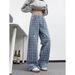 Men's Clothing Light Blue Plaid Straight Leg Jeans High Street Style Flared Trousers Men's Cleanfit Pants Vibe_mkmklike.com