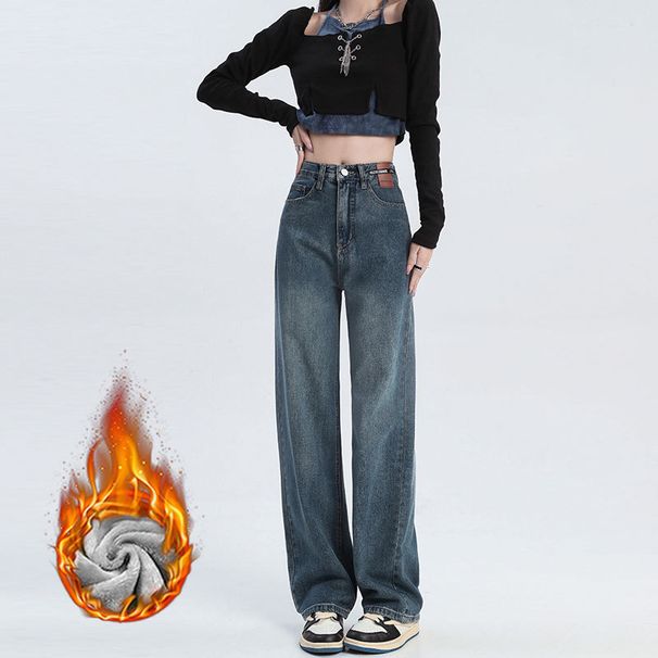 Women's High-Waisted Flared Jeans - Vintage Wide-Leg Fleece-Lined Denim Pants With Raw Hem & Retro Wash_mkmklike.com