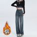 Women's High-Waisted Flared Jeans - Vintage Wide-Leg Fleece-Lined Denim Pants With Raw Hem & Retro Wash_mkmklike.com