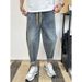 Autumn Men's Trendy Brand Jeans Loose Fit Drawstring Elastic Waist Harem Pants Cropped Carrot Style Standard Thickness Softener_mkmklike.com