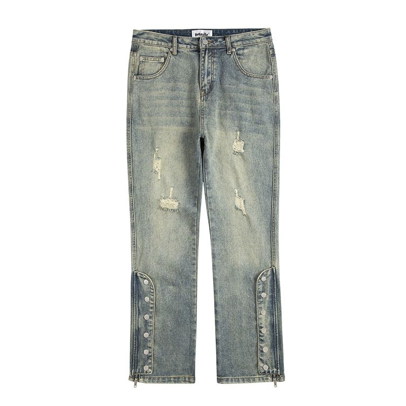 High Street Distressed Button-Fly Zipper Jeans – Vintage Washed Loose Fit Denim Pants For Men, Retro & Edgy Style_mkmklike.com