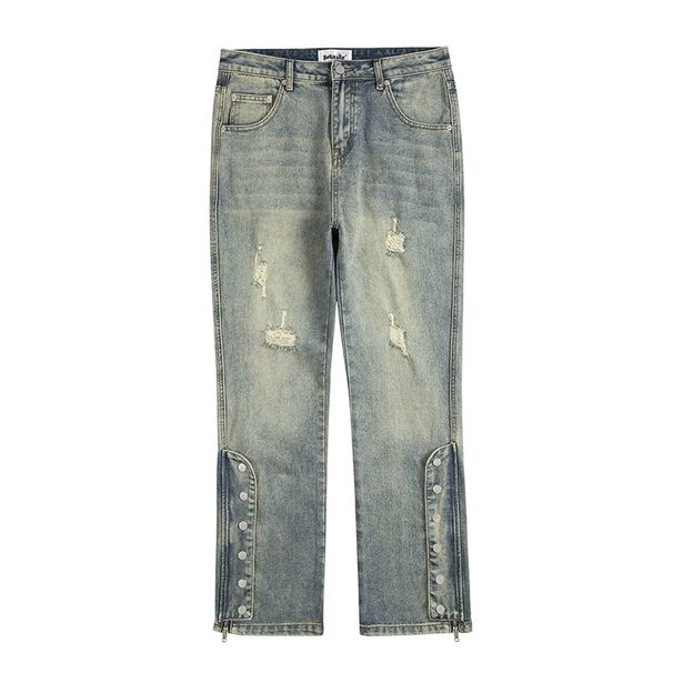 High Street Distressed Button-Fly Zipper Jeans – Vintage Washed Loose Fit Denim Pants For Men, Retro & Edgy Style_mkmklike.com