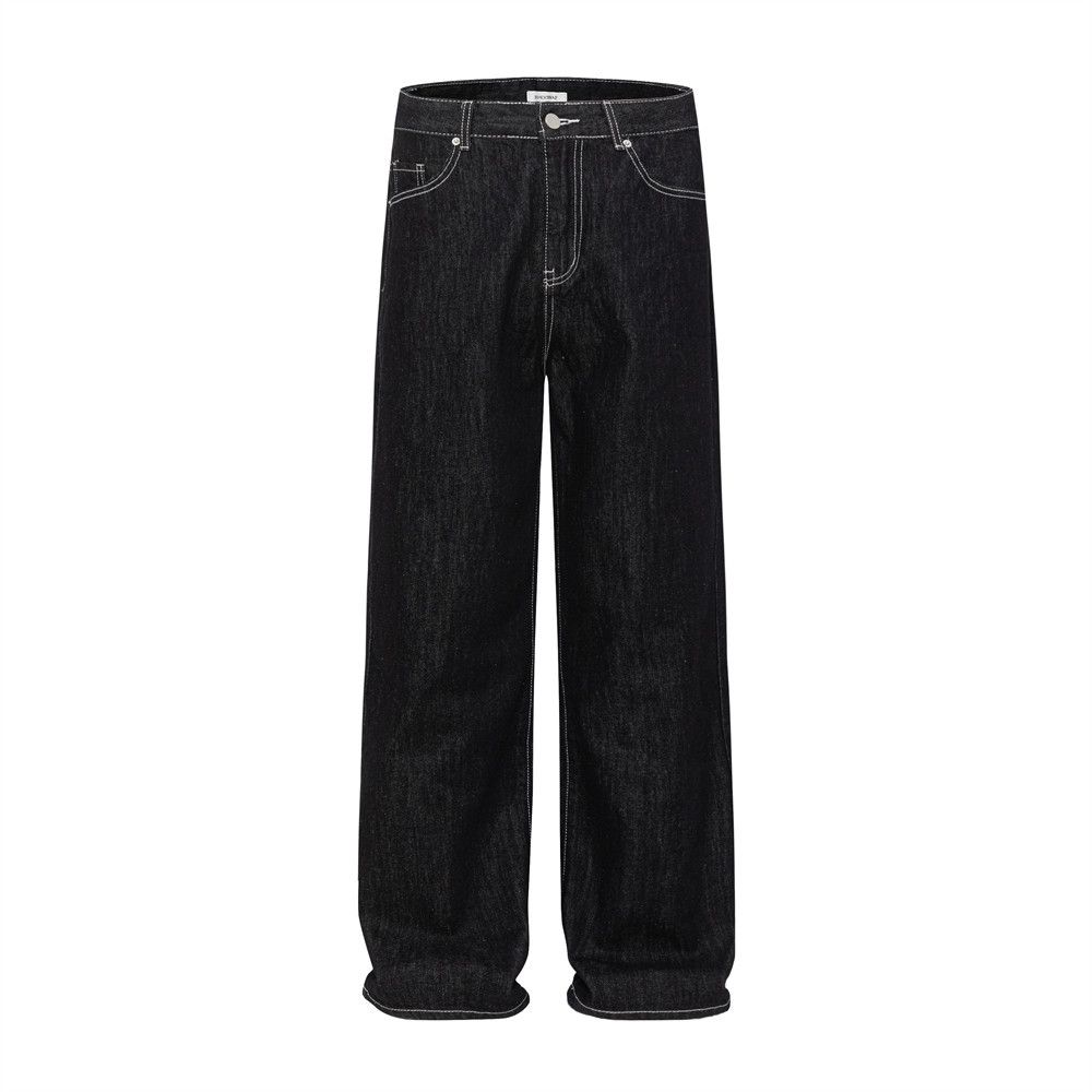 Straight-Leg Jeans Men High Street Trendy Brand Vibe Series Topstitched Pockets Simple Loose Versatile Casual Wide-Leg_mkmklike.com