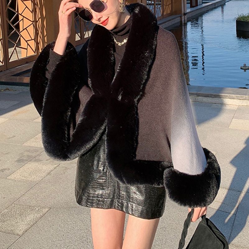 Women's Clothing New rex rabbit fur collar gradien autumn and winter shawl cape large size women's knitted cardigan jacket_mkmklike.com