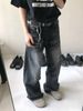 Men's American Vintage Washed Black Jeans - Relaxed Wide Leg Fit, Distressed Cat Whisker Details, Cleanfit Unisex Style_mkmklike.com