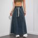 High Waist Drawstring Elastic Waist Denim Skirt Women's A- Line Cotton Denim Skirt Vintage Style Slimming Loose Fit Skirt_mkmklike.com