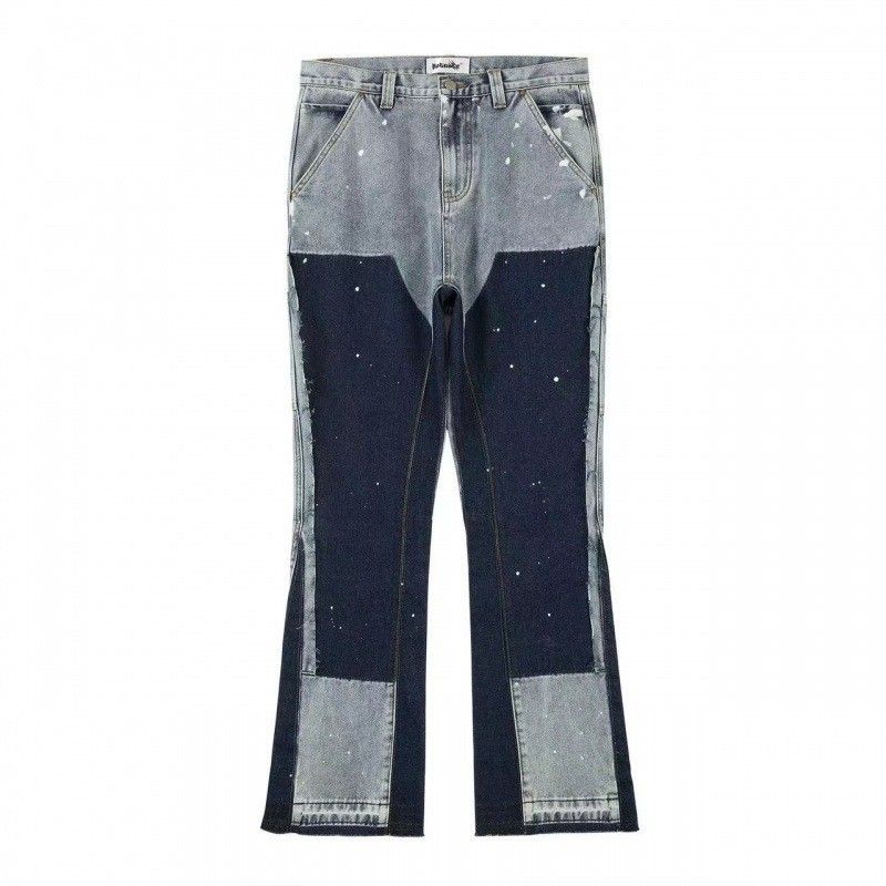 Men's Clothing European and American high street washed distressed stitching logging jeans men's retro fashion trend ink splashed leg trousers_mkmklike.com