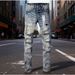 Men Women Y2K Stacked Flared Jeans, Light Blue Snow Wash With Multiple Frayed Rips & White Splatter Accents, Cool & Breathable For Summer_mkmklike.com