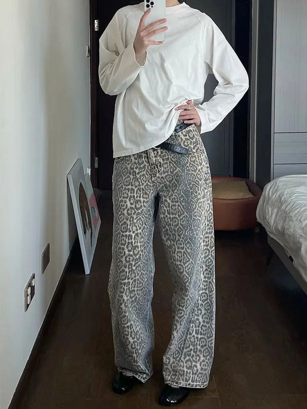 Women's Clothing Retro Leopard Print Jeans Street Hip Hop Beige Straight Wide Leg Pants High Waist Loose Jeans For Women_mkmklike.com