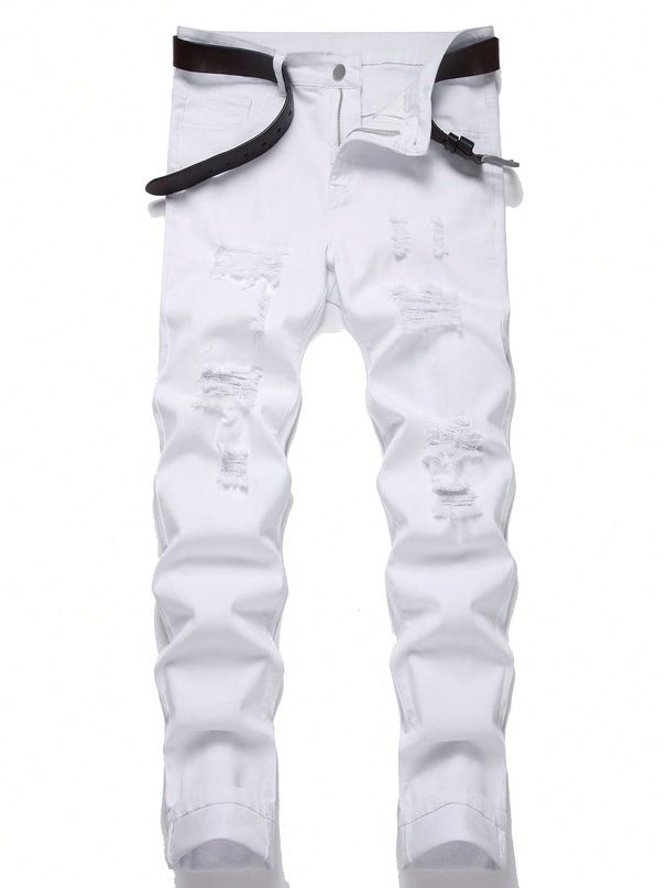 Men's Slim Fit Ripped Jeans - Trendy White Distressed Skinny Denim Pants For Casual & Streetwear_mkmklike.com