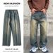 Men's Retro Washed Distressed Straight Leg Jeans - Vintage Style Comfort Fit Denim Pants For Casual Wear_mkmklike.com
