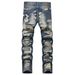 Men's Punk Distressed Jeans – Raw Edge Patchwork & Rebel Embroidery Slim Straight Fit (28-35) Tapered Straight Leg_mkmklike.com