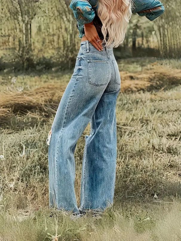 Women's Ripped Wide Leg Stretch Denim Jeans Blue Sky White Cloud Style European American Export Bestseller_mkmklike.com