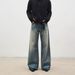 Men's Vintage Washed Clean Fit Wide-Leg Jeans – Retro Blue, Relaxed Straight With Subtle Flare, High-Quality Cotton Denim_mkmklike.com