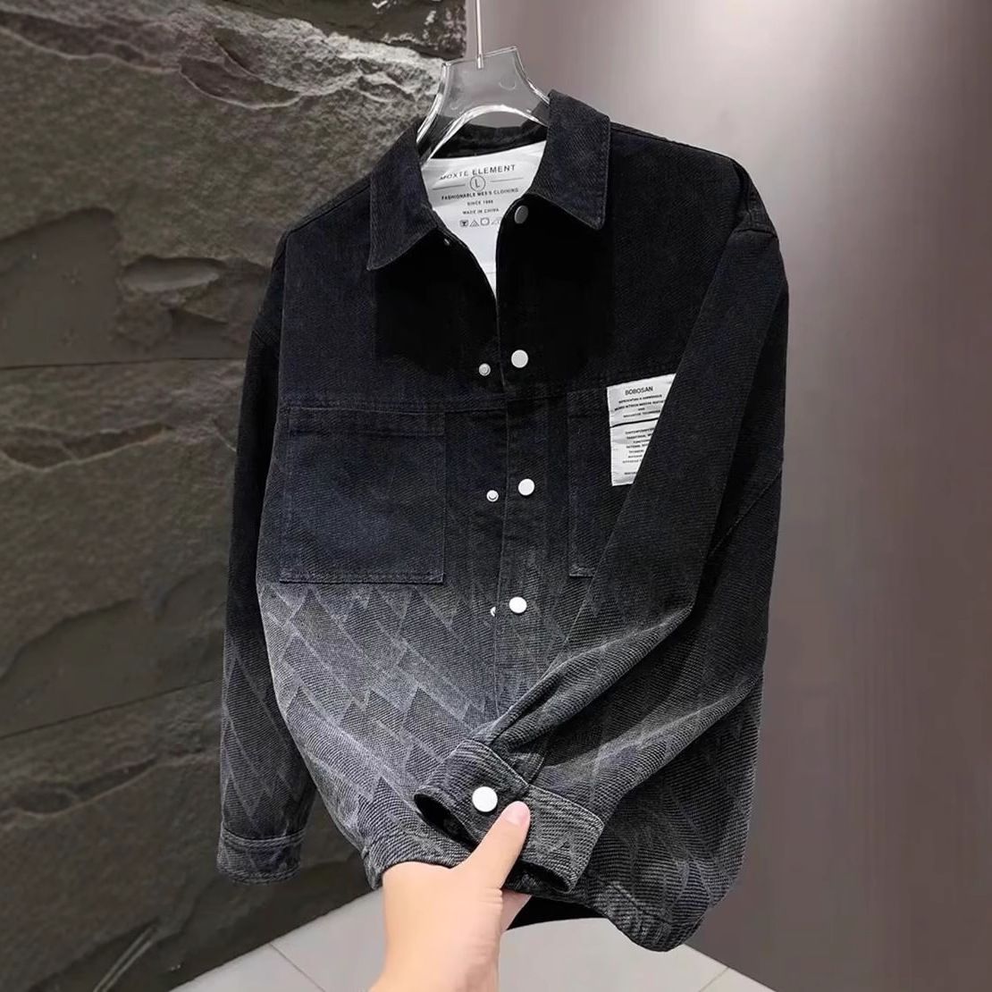 Northfold Men's Denim Spring Autumn Turn-down Collar Cool Printed Shirt Trendy Brand High School Student Loose Workwear Jacket_mkmklike.com