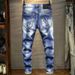 Men's Slim Straight Paint-Splatter Jeans - Distressed Denim With Urban Art Vibes_mkmklike.com