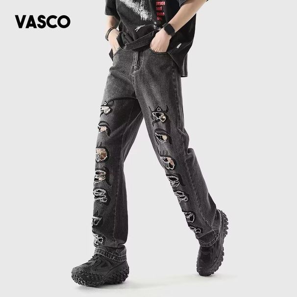 Men's Vintage Washed Denim Jeans – Distressed Straight-Leg Wide Fit With Embroidered Lettering_mkmklike.com