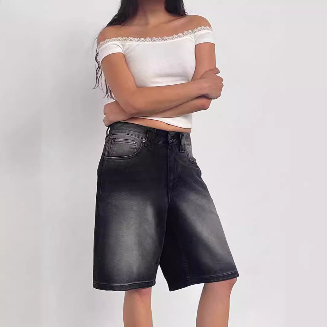Vintage Washed Denim Mid-Rise Capri Pants For Women - Comfortable Straight-Leg Casual Shorts (S-XXL, Classic Blue/Black)_mkmklike.com