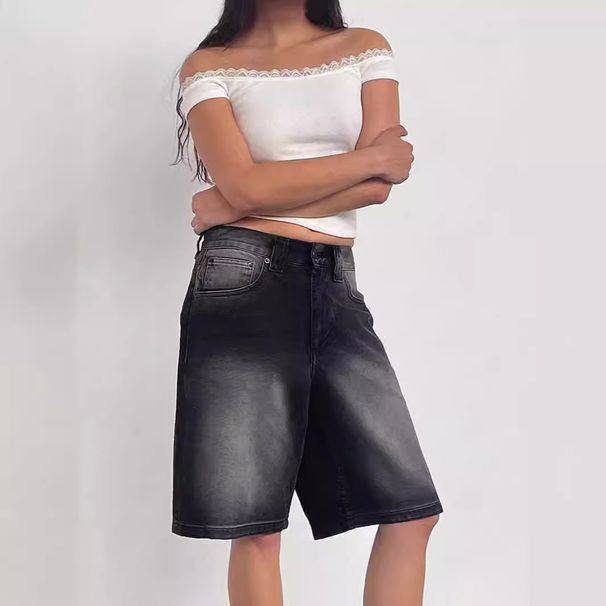 Vintage Washed Denim Mid-Rise Capri Pants For Women - Comfortable Straight-Leg Casual Shorts (S-XXL, Classic Blue/Black)_mkmklike.com