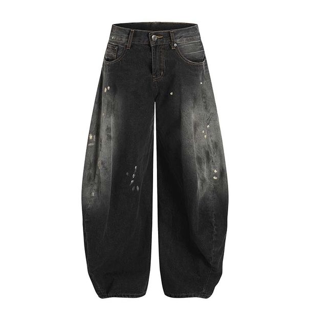 Men's Clothing High Street American Ink Washed Distressed Scimitar Jeans Men's Trendy Retro Loose Wide Leg Street Trousers Wholesale_mkmklike.com