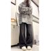 Black And Gray Non-tight Jeans Women, New Plus-size High-waisted, Hip-covering, Drapey, Slightly Flared Wide-leg Pants_mkmklike.com
