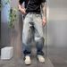 Men's Gradient Washed Denim Jeans American Style Loose Straight Leg Street Style High Street Retro Trousers_mkmklike.com