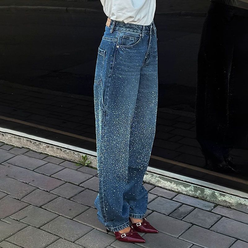 Women's High-Waisted Flared Jeans With Vintage Print - Stretch Denim For Retro Street Style (S/M/L)_mkmklike.com