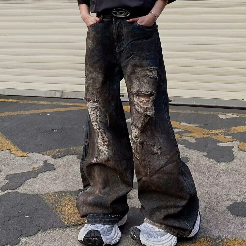 Men's Clothing High Street Heavy Old Dirty Hip Hop Ripped Jeans Wide Leg Straight Floor Length Pants Trendy Brand Ins Men_mkmklike.com
