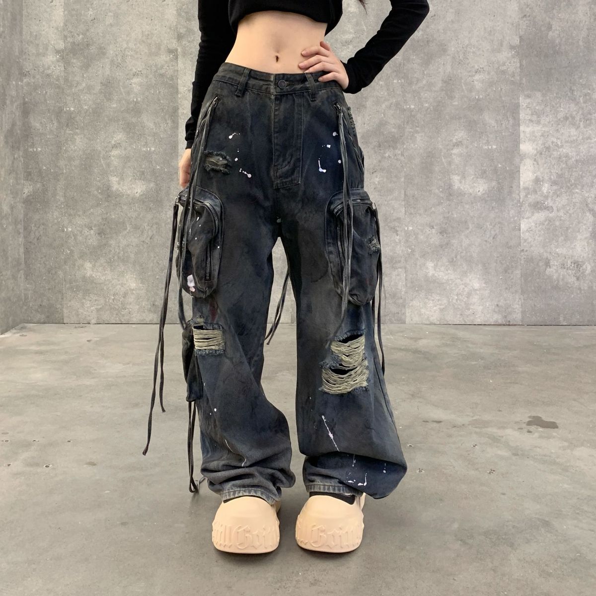 Men's & Women's Distressed Washed Denim Cargo Pants - Streetwear Straight-Leg Loose Fit Wide Trousers With Multi-Pockets_mkmklike.com