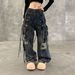 Men's & Women's Distressed Washed Denim Cargo Pants - Streetwear Straight-Leg Loose Fit Wide Trousers With Multi-Pockets_mkmklike.com