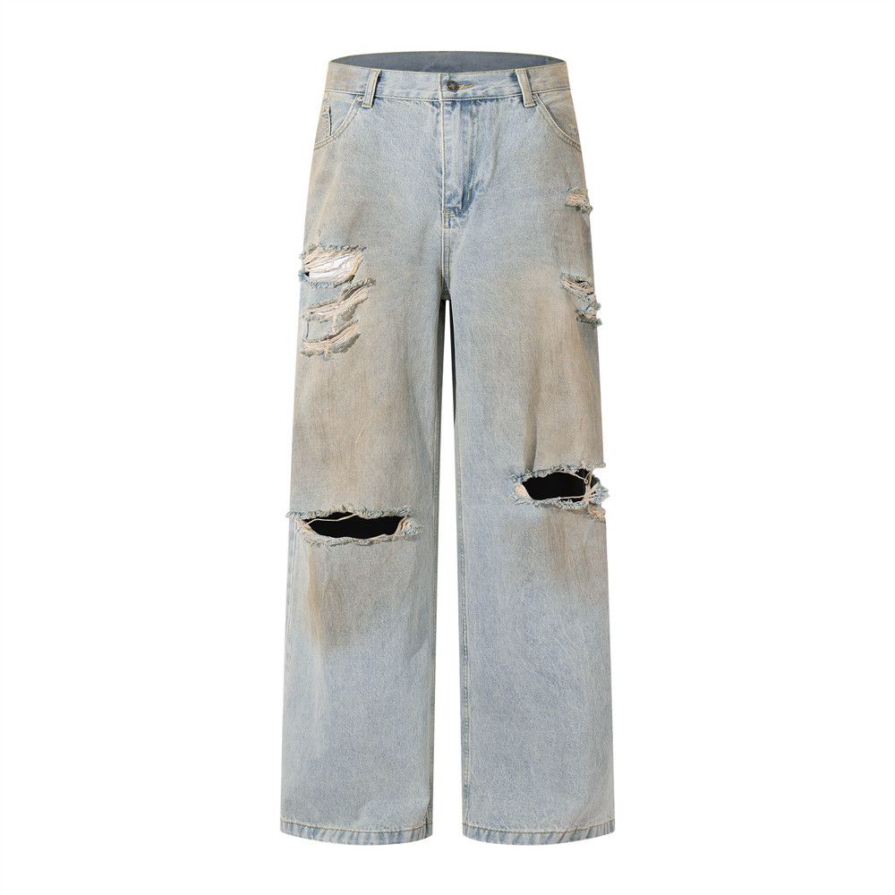 Post-apocalyptic Style Washed Ripped Knee Jeans Men's High Street Trend Distressed Dirty Casual Straight Long Pants_mkmklike.com