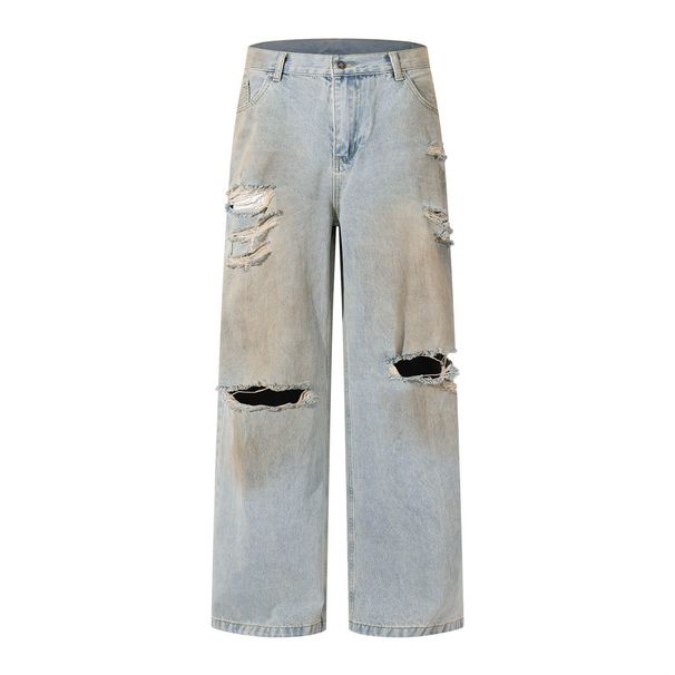 Post-apocalyptic Style Washed Ripped Knee Jeans Men's High Street Trend Distressed Dirty Casual Straight Long Pants_mkmklike.com