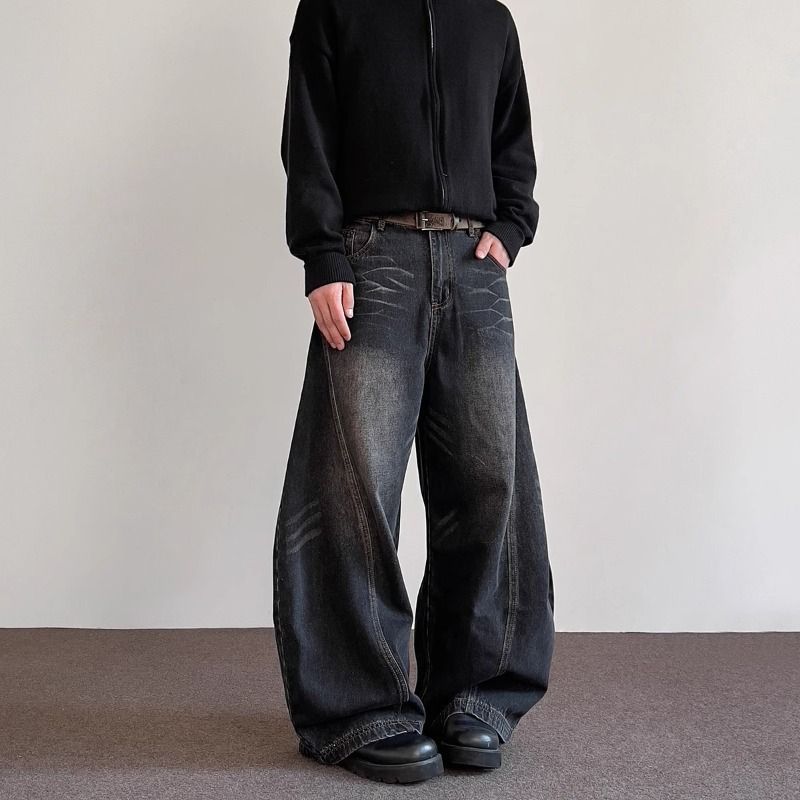 Men's Vintage Washed Jeans – High Street Relaxed Fit, Clean Aesthetic With Cat Whisker & Faded Details (Black/Blue, S-3xl)_mkmklike.com