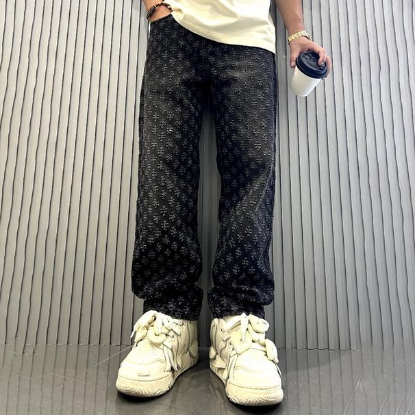 Men's Clothing High Street Fashion Jacquard Full Print Loose Straight Jeans Men's Wide Leg Long Pants Washed Design Casual Trousers_mkmklike.com