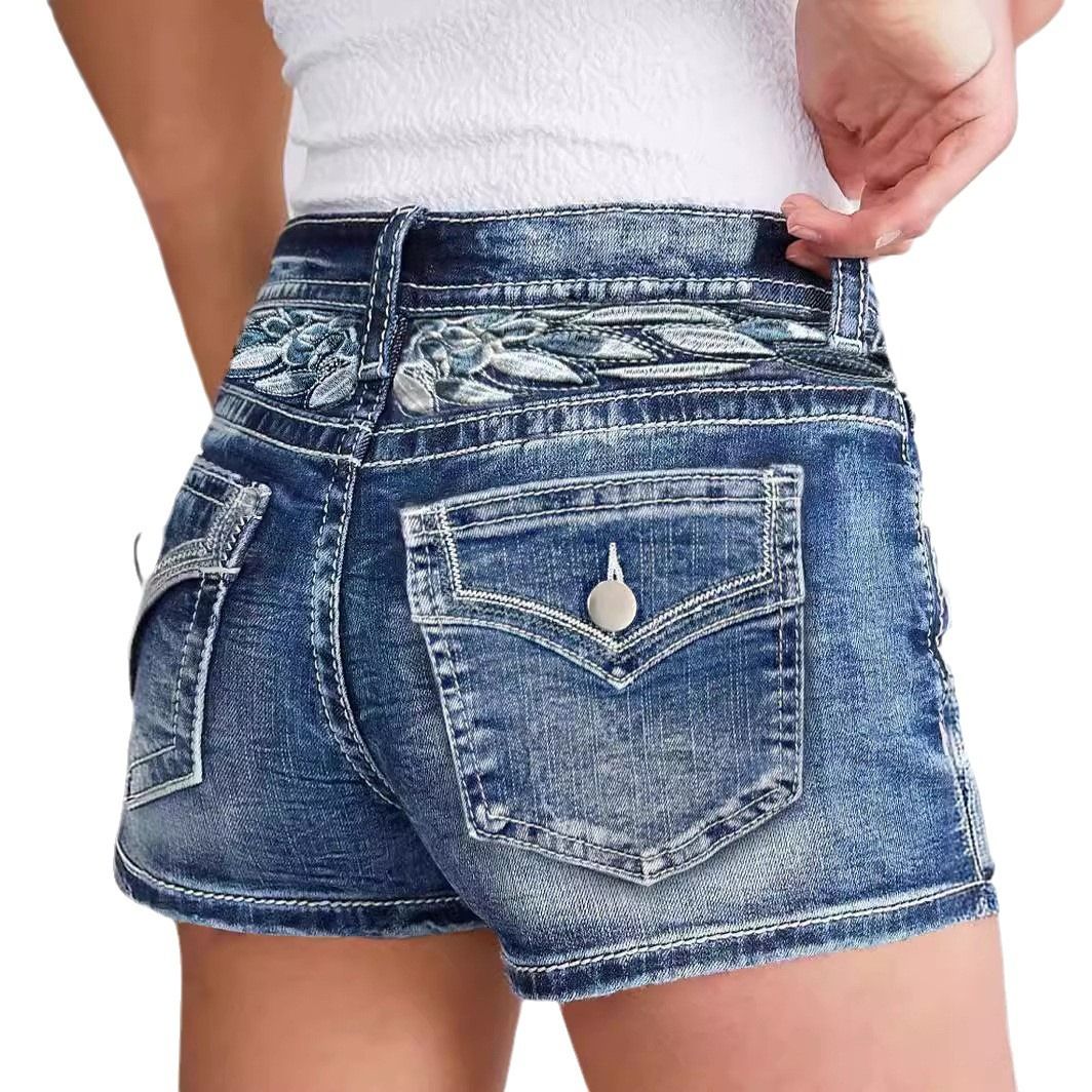 Women's Cross Border New Denim Shorts Slim Embroidery Fashion Denim Hot Pants All Match Style_mkmklike.com