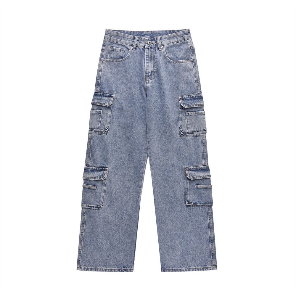 Men's Clothing Multi-pocket Cargo Jeans Men's Fashion Washed Loose Straight Leg Wide Pants_mkmklike.com