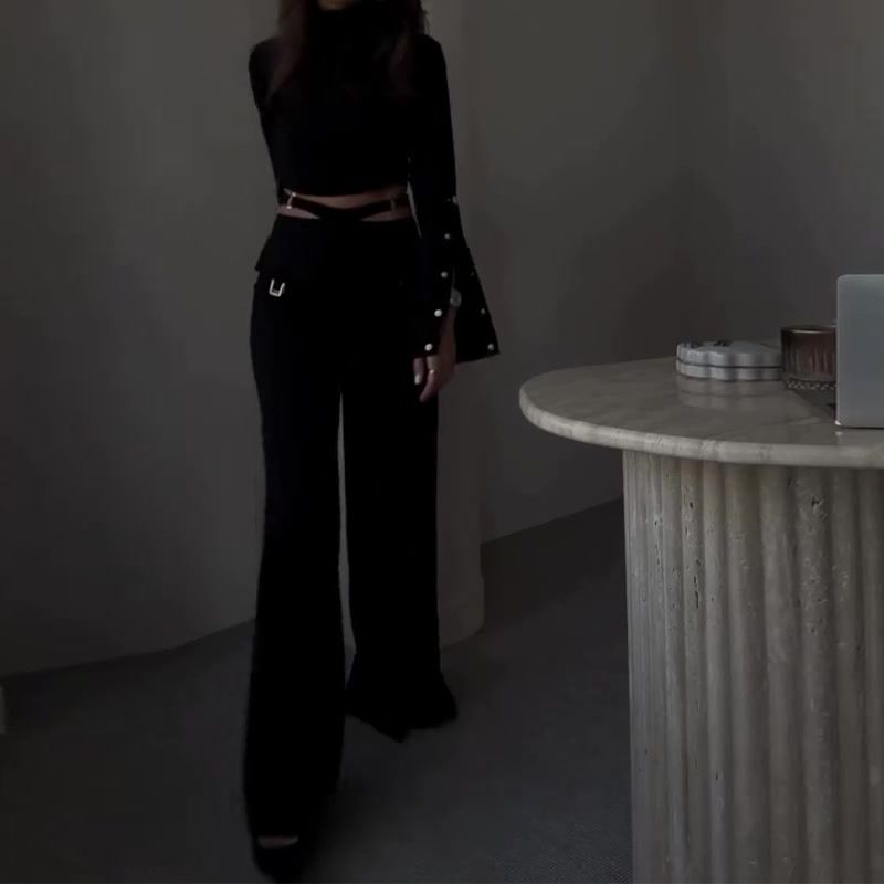 Women's clothing border high collar solid color navel exposed sweet and spicy loose wide leg suit for women_mkmklike.com