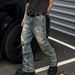Men's American Retro Distressed Jeans High Street Style Edgy Cool Design Slightly Flared Pants with Patches Splatter Paint_mkmklike.com