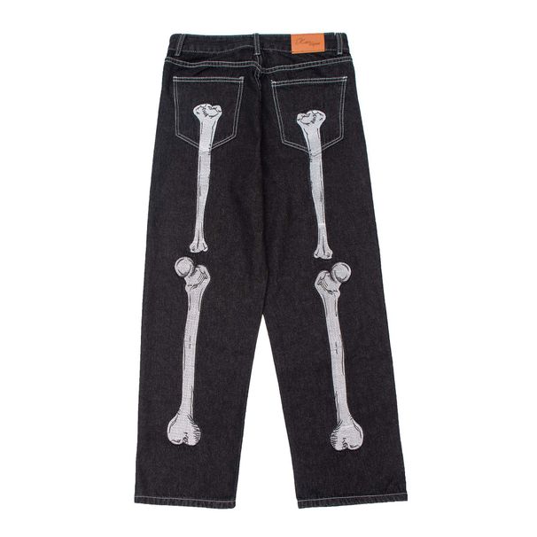 Men's Dark Skeleton Print Jeans – Trendy Loose Fit Wide Leg Straight Denim Pants With Edgy Streetwear Design_mkmklike.com