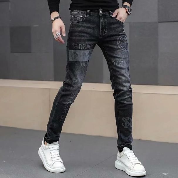 Men's Stretch Skinny Jeans With Printed Design - Slim Fit Denim Pants For Teen Boys, Comfortable & Stylish Casual Wear_mkmklike.com
