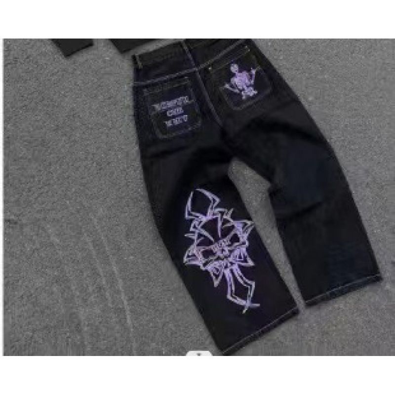 Trendy Skull Head Embroidered Cotton Casual Pants Men's Straight Leg Workwear Trousers Street Style Loose Fit Long Jeans_mkmklike.com
