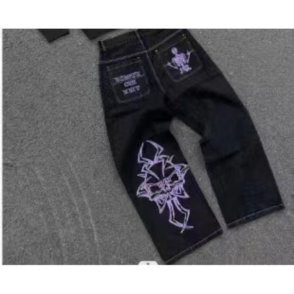 Trendy Skull Head Embroidered Cotton Casual Pants Men's Straight Leg Workwear Trousers Street Style Loose Fit Long Jeans_mkmklike.com