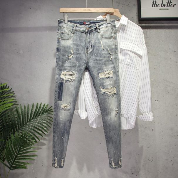 Jeans Men Light Color Summer Thin Style Youth Korean Style Trendy Printed Holes Slim Fit Skinny Trousers_mkmklike.com